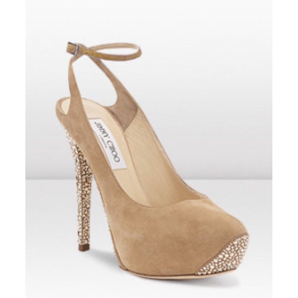 JIMMY CHOO Size 41/US 10 Tame Camel Suede Platform Crystal Pumps Luxury Designer